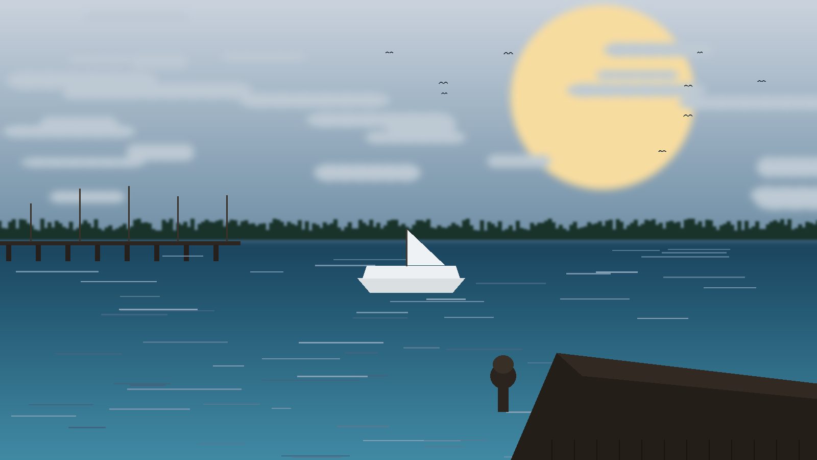 De haven van Ooldelende bij zonsondergang, met steigers en een zeilboot op het water